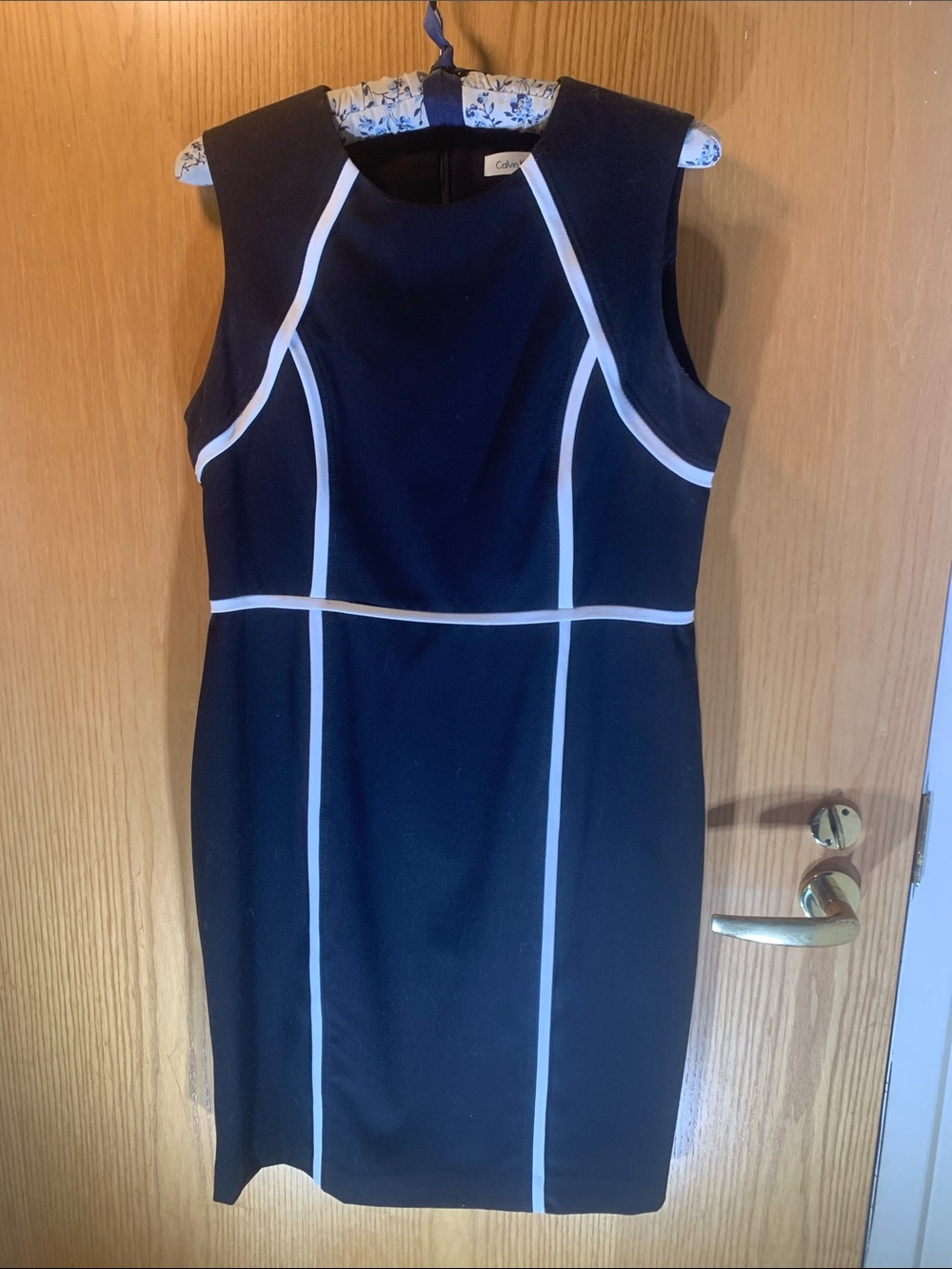 Calvin Klein Black Sheath Dress with White Contrast Piping - Size 12